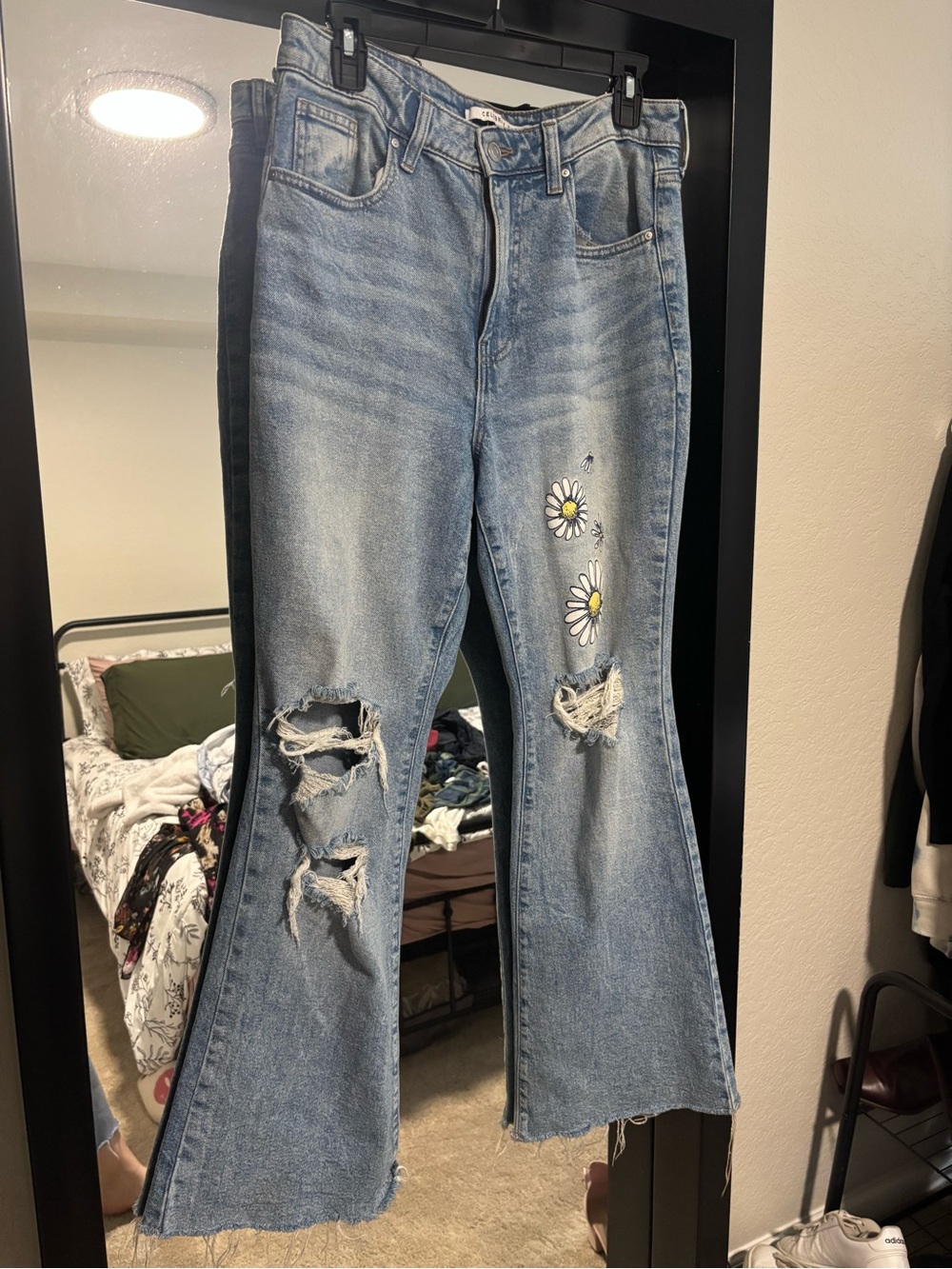 Women’s Light Blue Distressed Daisy Flare Jeans